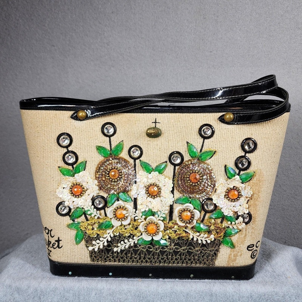 Vintage Enid Collins Tote Bag Womens Beige Flower Basket Beaded Embellished‎